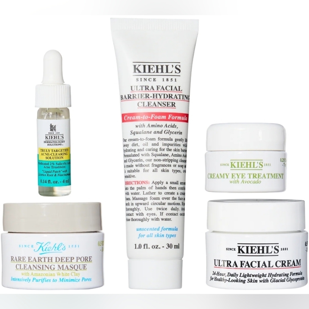 Kiehl's Travel Skincare Set: Cleanser, Eye Cream, Face Cream, Face Mask, BHA
